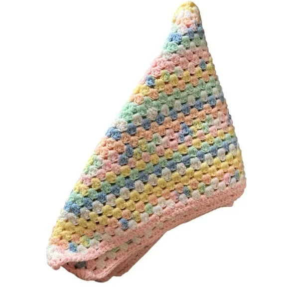 Handmade Pastel Rainbow Crocheted Baby Blanket / Lap Throw – 31"x33" - Picture 5 of 10